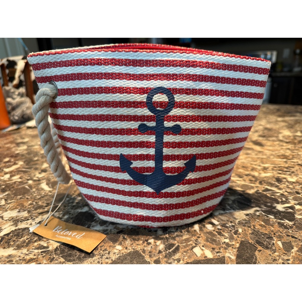 Beloved Accessories Red White Striped Anchor Nautical Paper Straw Pouch NWT